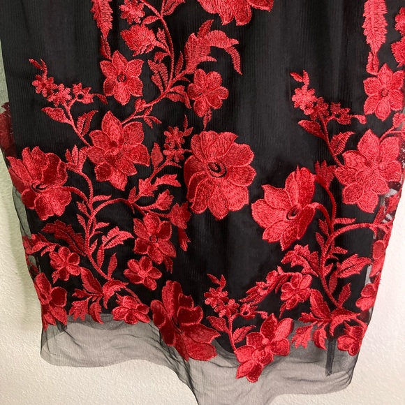 Floral Sleeveless Embroidered Mesh Sheath Black & Red - Picture 3 of 12